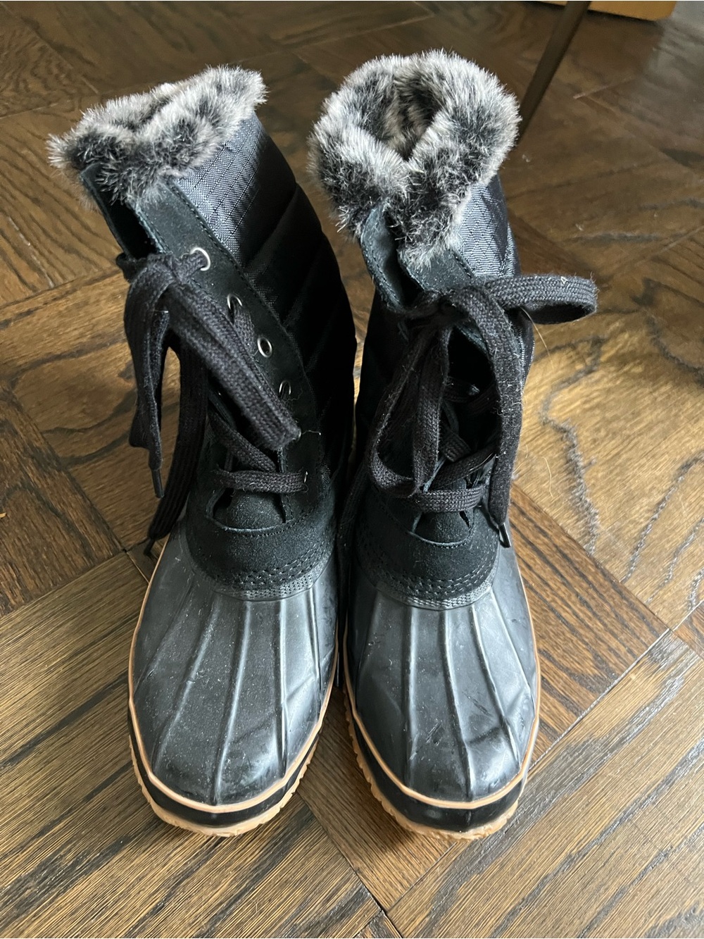 Khombu Black Lace-Up Women's Winter Rain Boots with Faux Fur Collar
